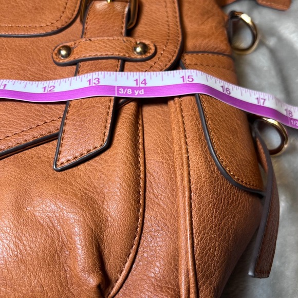 Vintage Style Tan Faux Leather Satchel Bag Plaid Lining Handle Shoulder Strap - Picture 10 of 13